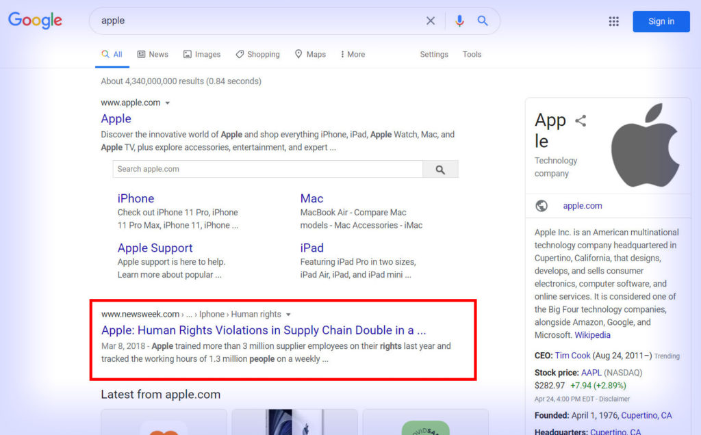 Example - Apple corporation negative reputation issue in Google search results.